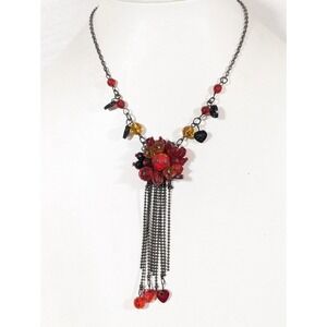 Gothic Black Heart Y-Drop Necklace Red Glass Bead Fringe Whimsigoth 19"
